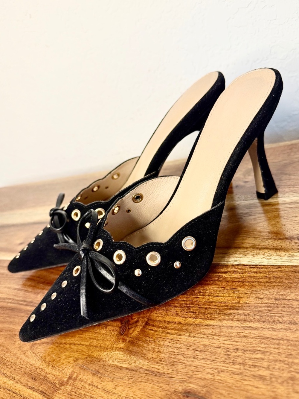 Shein Black Suede/Velvet Pointed-Toe Mule Heels, Size 7.5